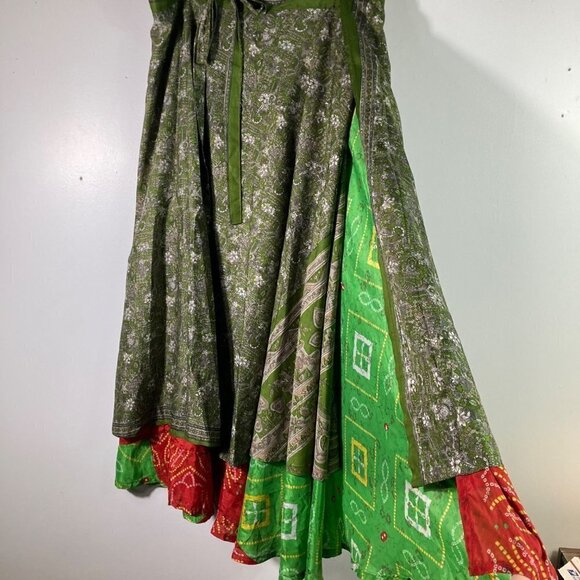Womens Kariza Vintage Silk Magic Sari Wrap Skirt Dress Green Red Pattern One Siz - Picture 4 of 10